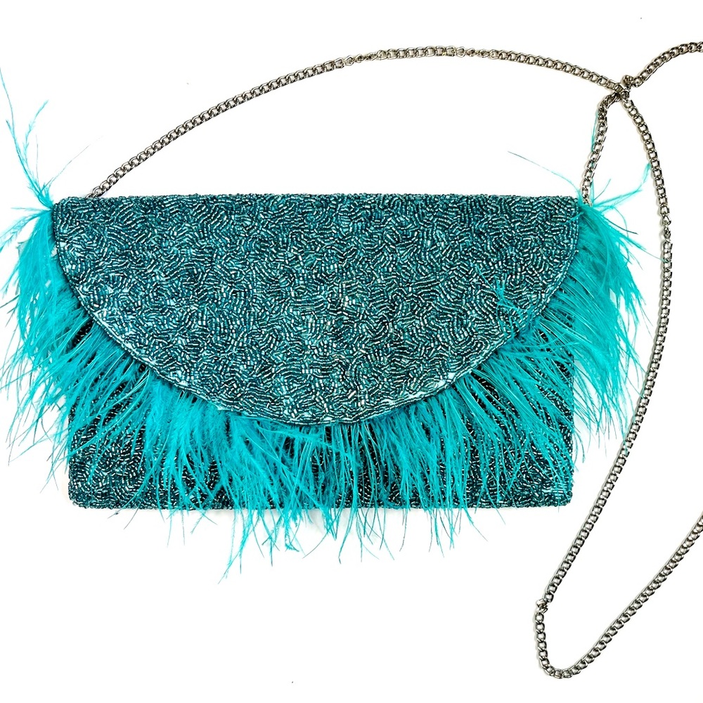 Turquoise Hand Beaded Clutch Purse With Faux Feathers